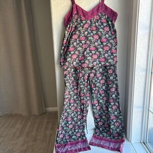 Sundance Womens M Floral Cotton Pajama Set Camisole Wide Leg Pants Black Pink